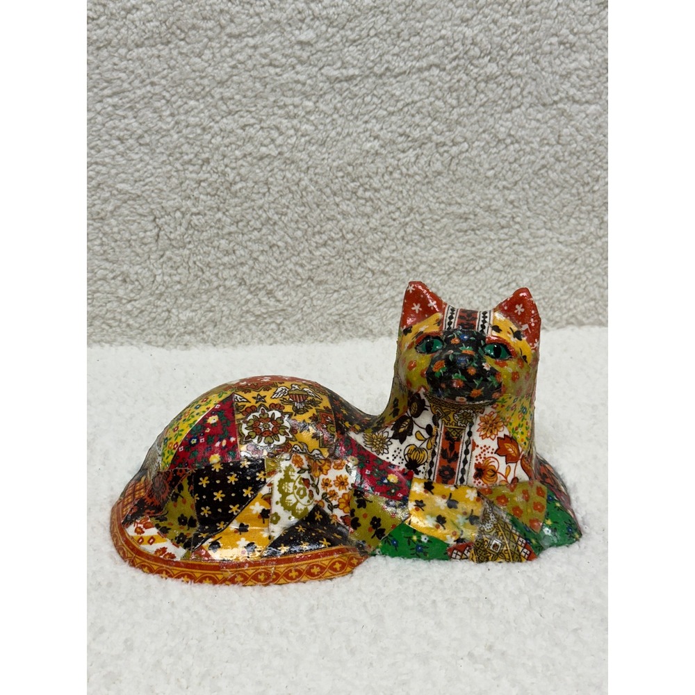 Vintage‎ Cat Decoupage Folk Art Calico Kitten Figurine Patchwork Ceramic Base